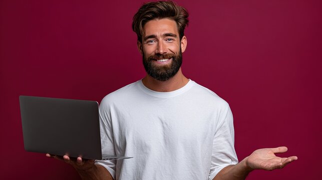 Smiling Man with Laptop: A cheerful man with a beard stands with a laptop, exuding confidence, and approachability. A modern portrait of digital connectivity and user-friendliness.