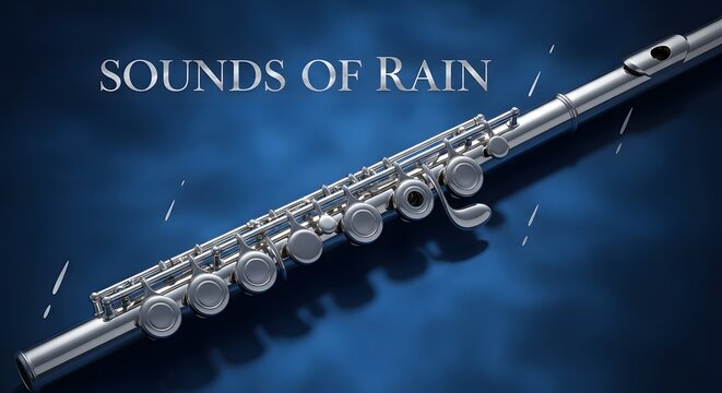 A captivating Sounds of Rain Music Festival Poster Background, prominently featuring a shiny silver flute on a deep blue atmospheric backdrop with subtle rain elements, ideal for concert promotions