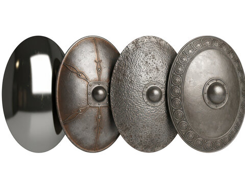 Four metal cabinet knobs with various designs isolated on transparent background