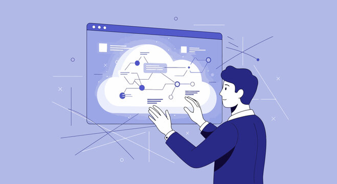 Businessman interacting with cloud computing interface on a digital screen