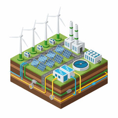 Naklejka premium Sustainable energy production complex with wind turbines and solar panels.