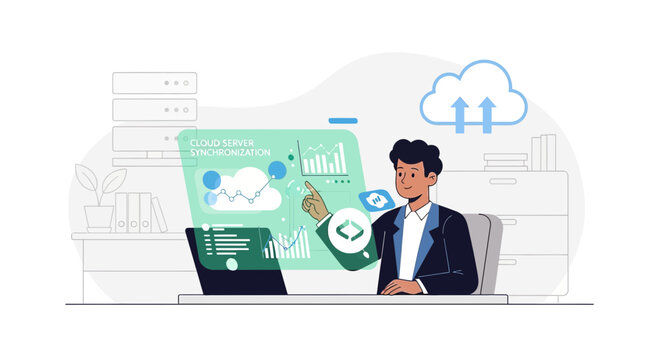Businessman Interacting with Futuristic Cloud Server Data Analytics Display
