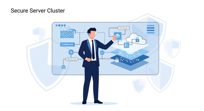 Businessman interacting with secure server cluster and cloud security interface