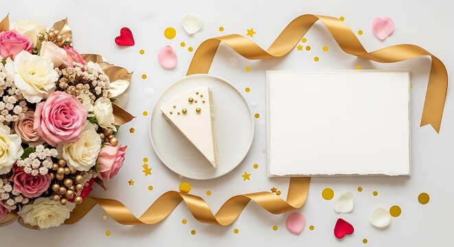 Slice of cake with a flower bouquet and empty greeting card for a birthday celebration party event