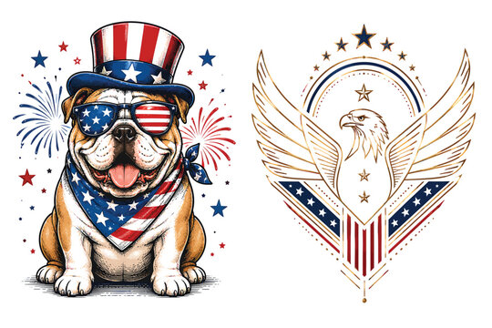 Patriotic english bulldog wearing uncle sam hat and sunglasses with fireworks and eagle shield design for fourth of july celebration patriotic american independence celebration sunglasses