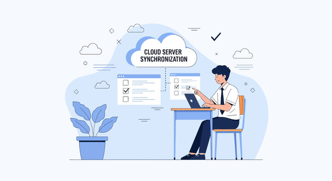 Business man synchronizing cloud data on laptop, tasks, checklist, office background