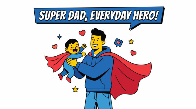 A cartoon illustration of a smiling father wearing a red cape holding his baby hero concept