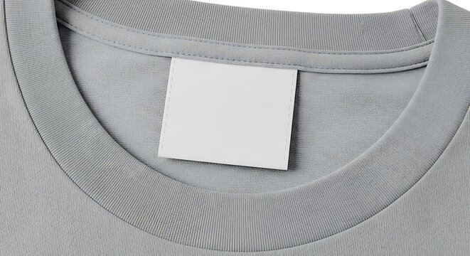 Closeup of gray tshirt with blank white clothing label attached inside neckline