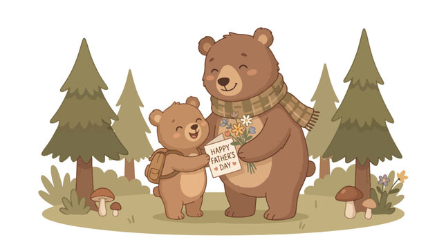 A cartoon illustration of a large brown bear and a small cub in a forest with trees and mushrooms