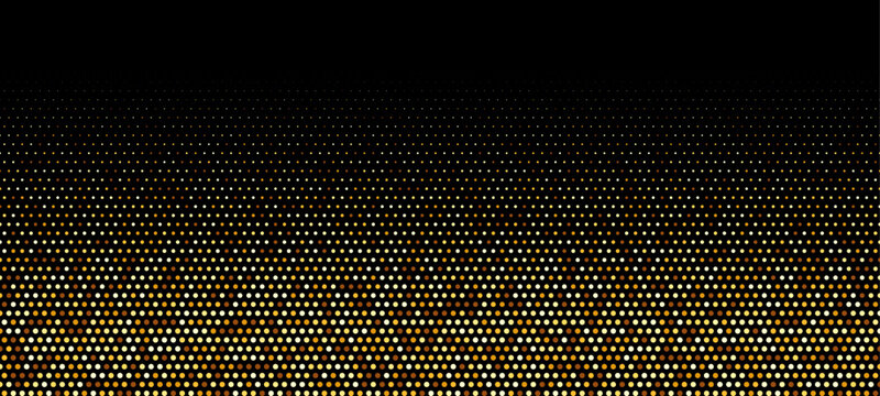 Gold color halftone gradient. Abstract golden dotted pattern on black background