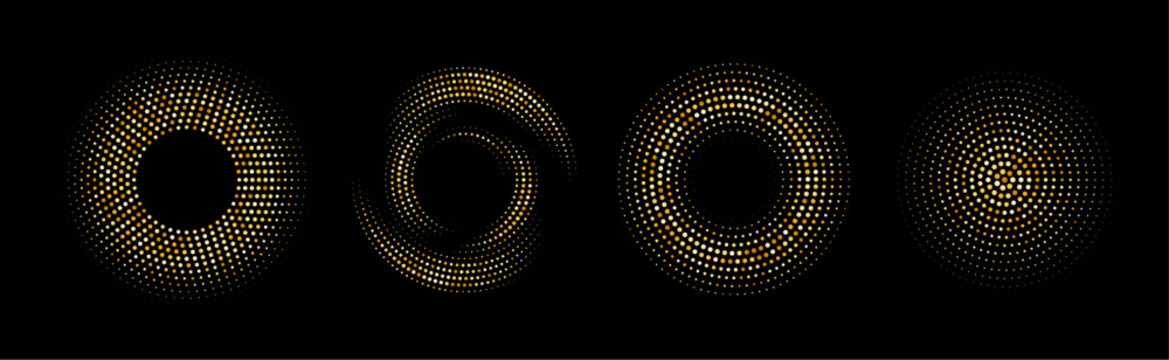 Gold halftone circular frames collection. Golden glowing dotted ring elements for emblem, badge, graphic design, icon. Yellow glitter round pattern frames collection. Vector designs