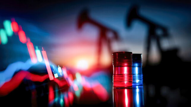 Oil pumpjacks at sunset with glowing financial chart overlay, energy market and crude price concept