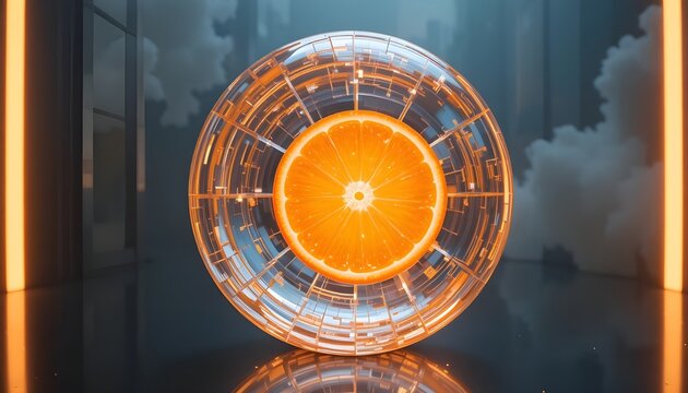  Glass orange sphere with segmented internal structure visible through transparent crystal skin, glowing citrus orange light inside, floating in air with soft neon rim light, ultra detailed surreal re