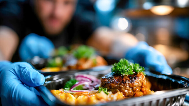 Kitchen staff in gloves preparing takeaway meal containers with cooked patties and vegetables for food delivery