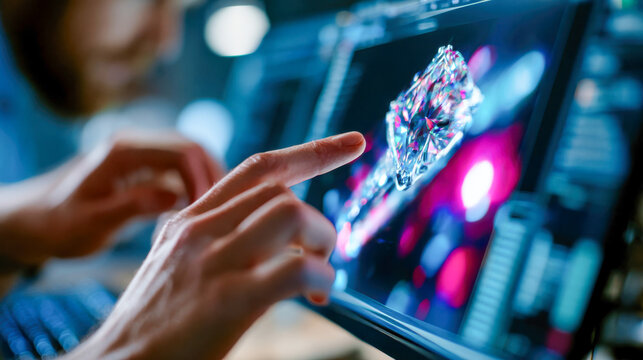 Jewelry designers reviewing luxury diamond ring on computer screen, digital craftsmanship and custom design concept