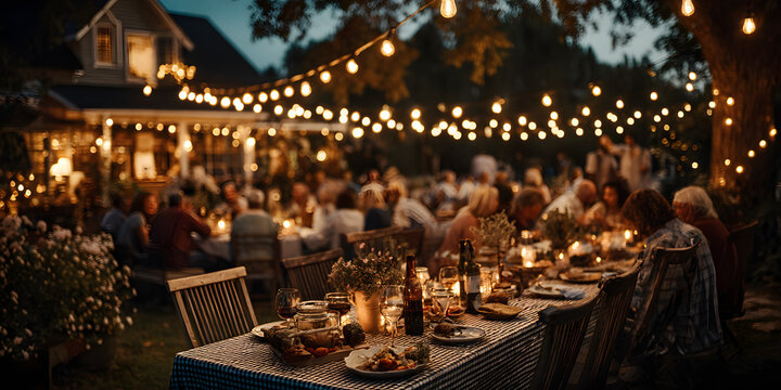 At dusk, friends gather to have a cozy barbecue party in their backyard under string lights.