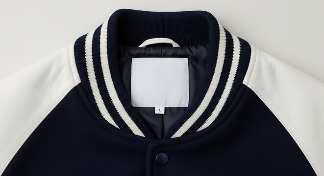 Navy blue and white varsity jacket with striped collar on hanger