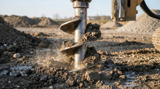 Close-up of A Metal Auger Drilling Into The Earth Showcasing Soil and Debris Being Extracted The Machinery Is in Action on A Construction Site Concept Architecture and Design