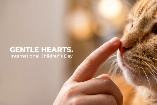 Extreme close up of a child's finger gently reaching out to touch the nose of a ginger cat. Gentle Hearts. International Children's Day.