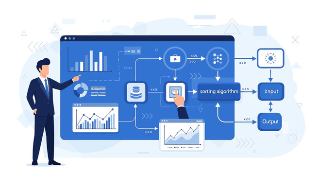 Business man presenting data analytics flowchart, infographic, algorithm, dashboard