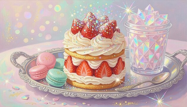 Pastel Fantasy Dessert Tray with Strawberry Shortcake, Macarons and Crystal Glass　パステルカラーのファンタジー・スイーツトレイ いちごケーキとマカロンとクリスタルグラス　ゆめかわいいイラスト