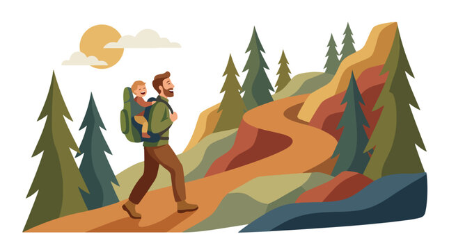 Father hiking with baby on back in forest trail with trees and mountains