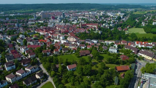 Aerial view around the city Leonberg in Germany. On sunny morning in spring