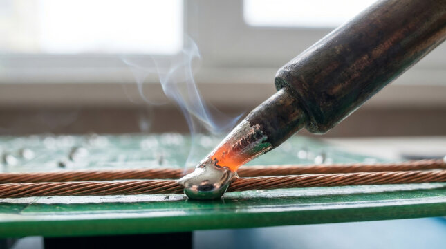 Close-up of A Soldering Iron Melting Solder Onto Copper Wires Creating A Strong Electrical Connection Concept Architecture and Design