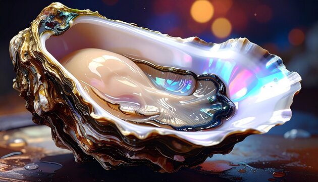 A beautiful opened oyster shell with iridescent nacre inner lining reflecting light in a close up studio shot on a dark reflective surface.