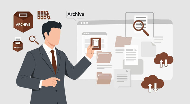 Business man managing digital archives and data storage with cloud technology