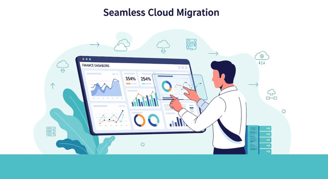 Business analytics dashboard on screen, man interacting with data, concept of cloud migration