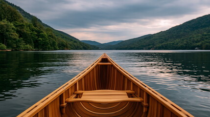 Fototapeta premium Serene Wooden Canoe Gliding Across Shimmering Calm Lake at Dawn, Capturing Tranquility and Timeless Adventure