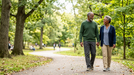 Obraz premium Elderly Black couple walking hand in hand on a park pathway. Smiling senior African American man and woman enjoying a romantic stroll. Active retirement lifestyle