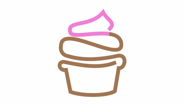 Minimalist cupcake icon with pink and brown line art cartoon animation isolated on a transparent background. Simple bakery logo graphic for menu design and dessert branding. Seamless looping.