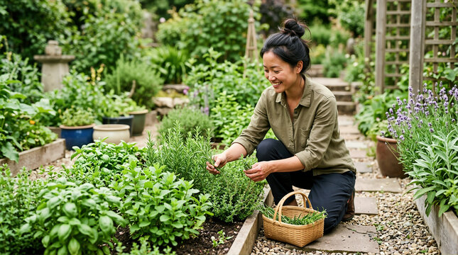 Asian woman picking fresh herbs in a lush garden. Smiling female gardener harvesting rosemary into a woven basket. Organic homegrown agriculture concept