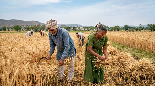 Indian farmers harvesting golden wheat in a field. Man using a sickle and woman in a green sari tying bundles. Traditional agricultural labor