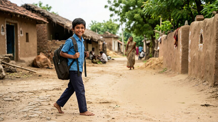 Fototapeta premium Smiling Indian schoolboy walking barefoot on a dirt road in a rural village. Happy child with a backpack going to school
