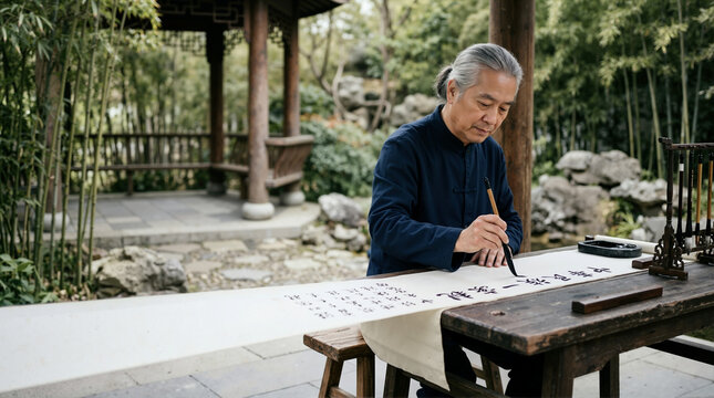 Senior Chinese calligrapher writing on a scroll in a traditional garden. Elderly Asian man practicing ink brush calligraphy