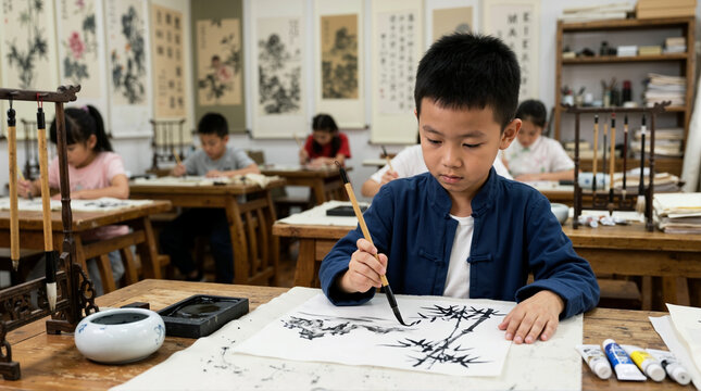 Focused Chinese boy practicing traditional ink painting in a classroom. Asian child learning calligraphy and brush painting
