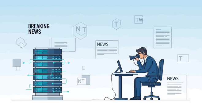 Breaking News Reporter with VR headset, Computer, Server racks, Social Media Icons