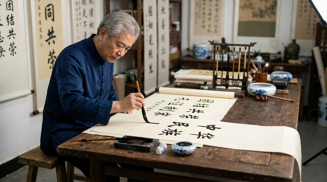 Senior Chinese man writing calligraphy on a scroll. Older Asian artist practicing traditional ink brush writing at a wooden desk in a studio