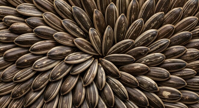 Symmetrical pattern of sunflower seeds in geometric spiral arrangement.