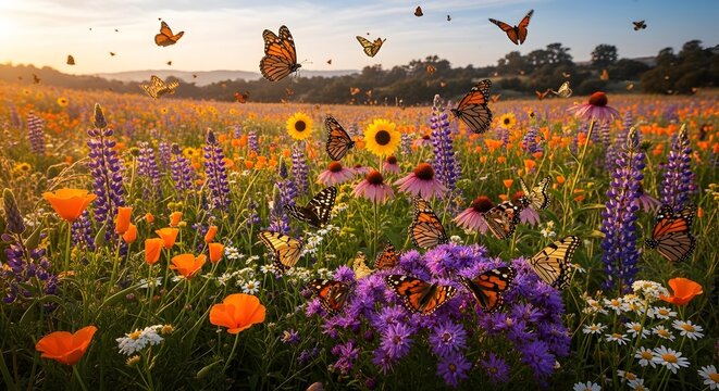 Vibrant spring meadow teeming with monarch butterflies and colorful wildflowers at golden hour.