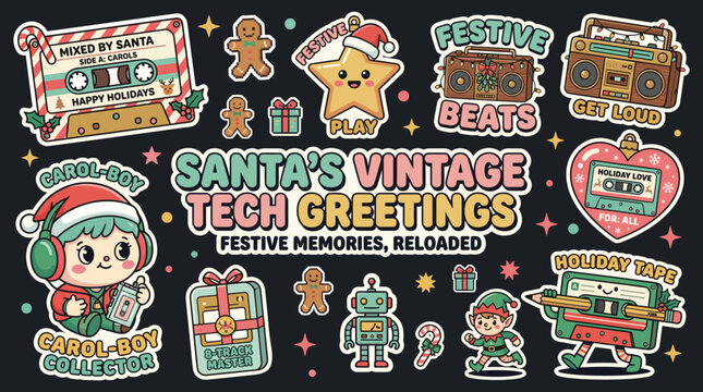 Santa Vintage Tech Christmas Sticker Bundle Kawaii Cassette Boombox Elf Gingerbread Robot Holiday Festive Beats Collection