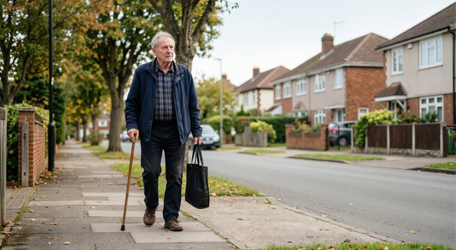 Elderly man walking on a suburban sidewalk with a shopping bag and a cane. Independent senior gentleman returning home from running errands