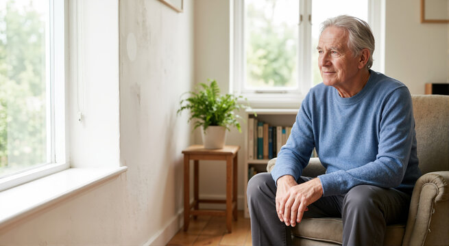 Thoughtful elderly man sitting in an armchair and looking out the window. Senior pensioner relaxing at home in the living room