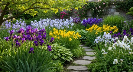 Obraz premium Spring garden landscape with blooming colorful iris flowers and stone path under green trees.