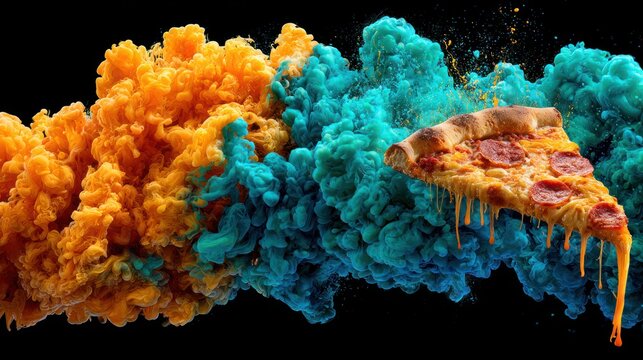 Slice of pepperoni pizza levitates amidst vibrant orange and blue smoky clouds