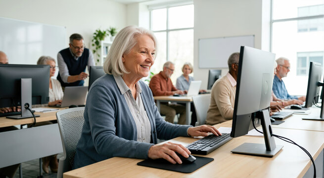 Smiling elderly woman using a computer in a classroom. Senior lady learning digital skills in an adult education center