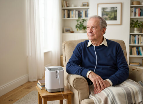 Elderly Caucasian man receiving oxygen therapy at home. Senior patient sitting in armchair with nasal cannula connected to portable oxygen concentrator managing respiratory health